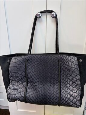 HAUTE SHORE Black Snake-Embossed Tote with Rope Handles